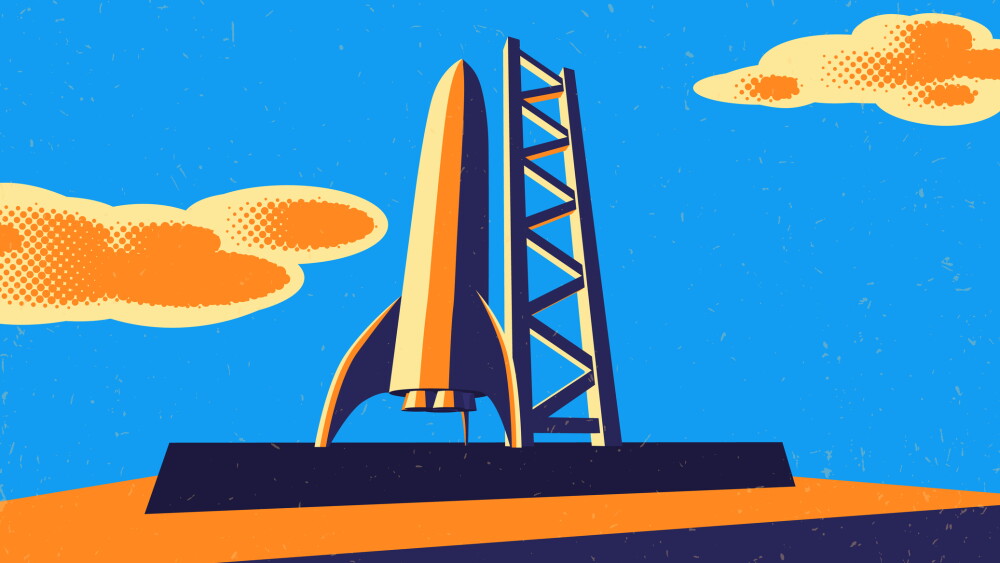 Rocket ready to take off on launch site. Retro styled sci-fi spaceship concept