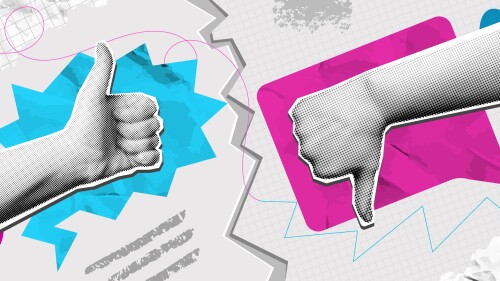 Pros and cons collage. Mixed media thumbs up and thumbs down hand gestures with speech bubbles. Review concept, positive and negative feedback vector illustration.