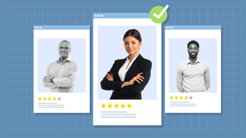 Illustration showing job candidate profiles of two men and one woman