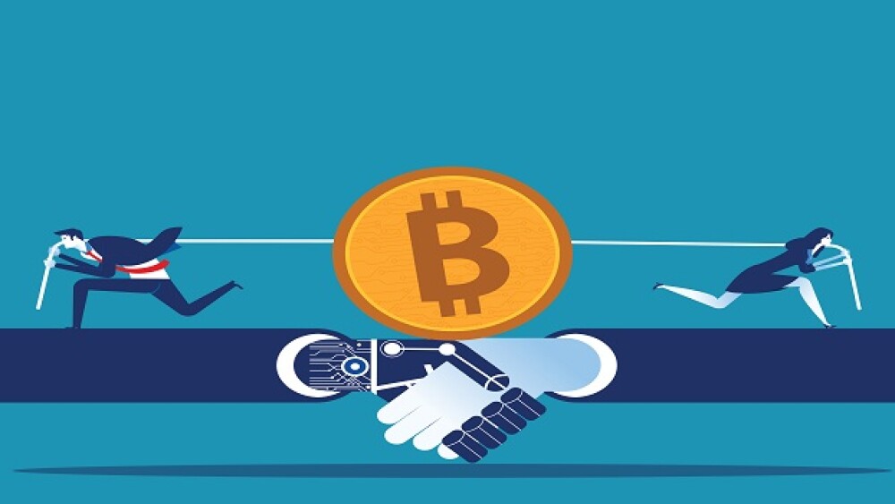 Cryptocurrency. Business people competition for bitcoin mining. Concept business vector illustration.