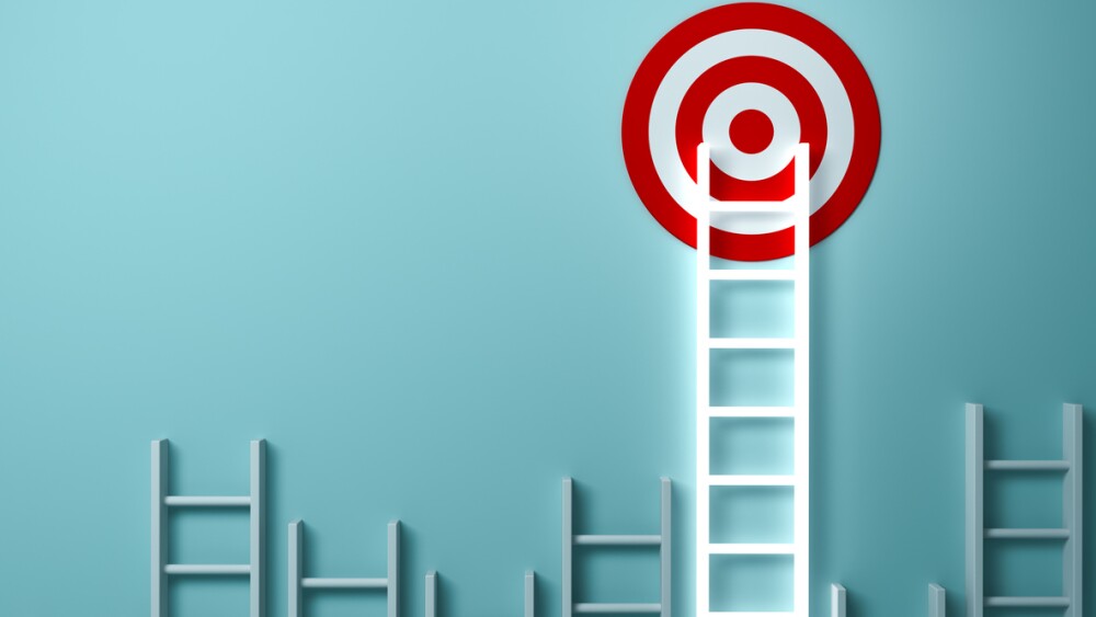 Stand out from the crowd and different creative idea concepts , Longest light ladder glowing and aiming high to goal target among other short ladders on green background with shadows . 3D rendering.