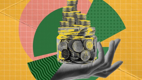 Human hand holding jar with coins. Investment, stock market, trading activity and savings. Contemporary art collage. Concept of business, office, trade market, success, growth. Poster, ad