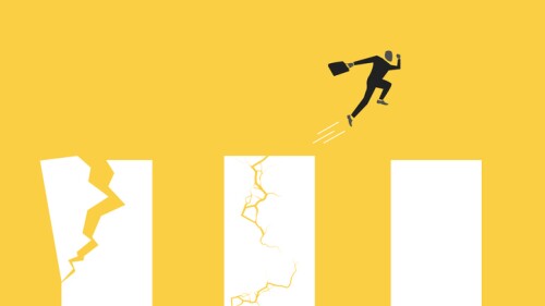 Businessman jump careful on cracked or broken graph. Job opportunity and career. concept of under pressure. risk, financial, and tax