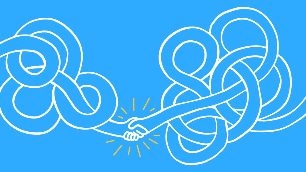 Cartoon funky twisted long handshake in groovy flat style. Abstract art composition for communication. Vector illustration.