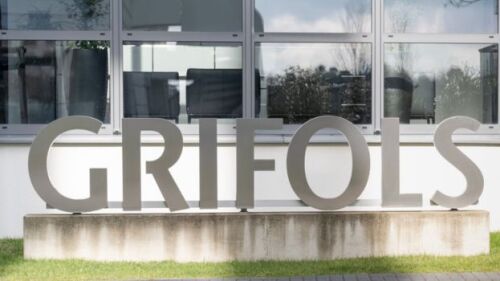 Grifols logo outside building in Frankfurt, Germany