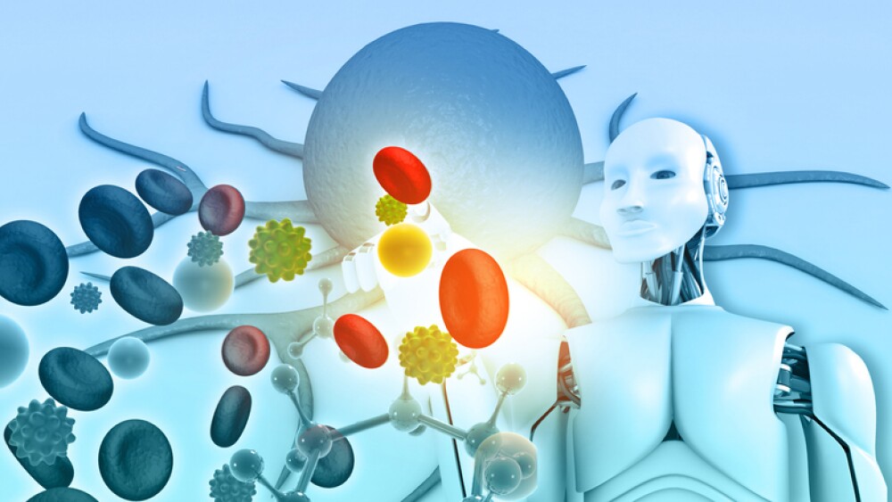 AI robot with cancer cells and virus. 3d illustration