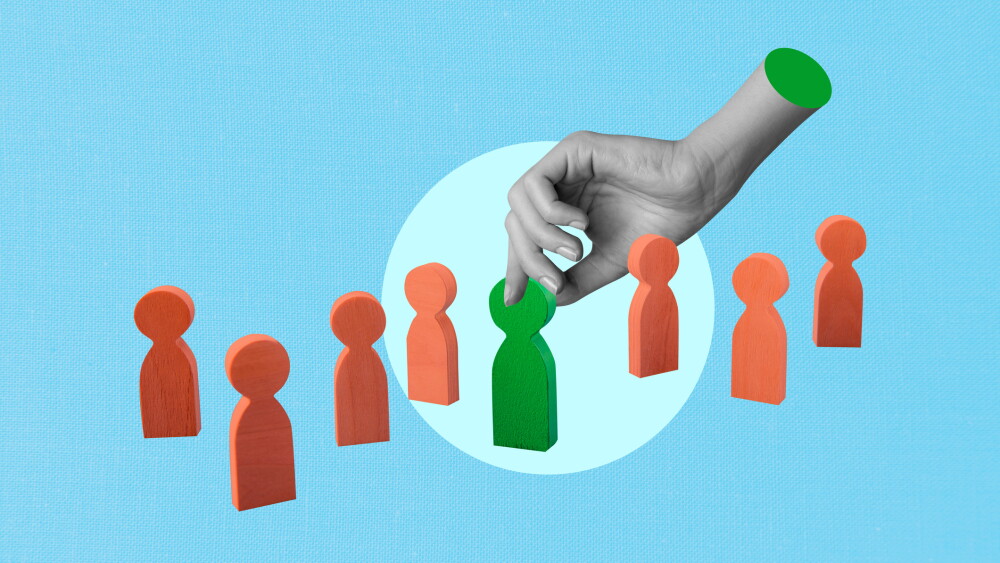 Contemporary art banner collage of hand tip people figurine green human icon speaker meeting interview work project hiring.