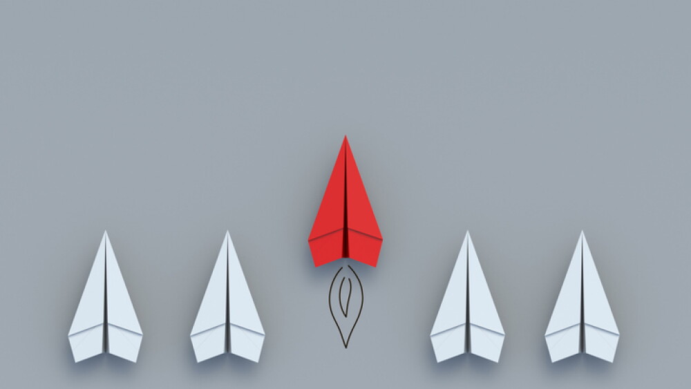 Staying ahead of your competitors. Accelerated development of the company. Innovation vision. Customized solution. Unique skills. Red paper plane and whites. 3d render