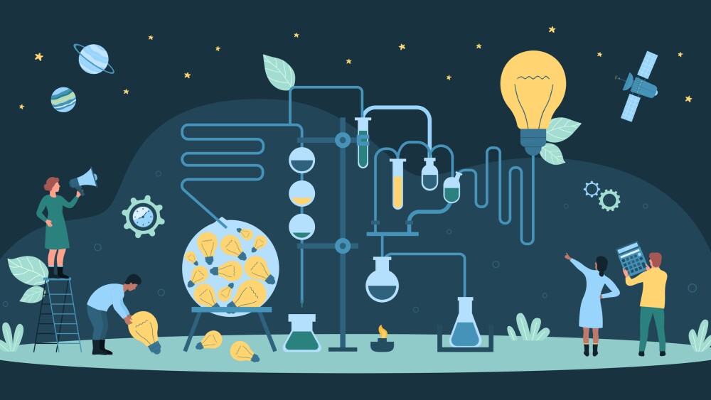 Cartoon tiny people work with scientific equipment, develop innovations, new projects ideas. Startup business teamwork, solution development through science knowledge dark concept vector illustration