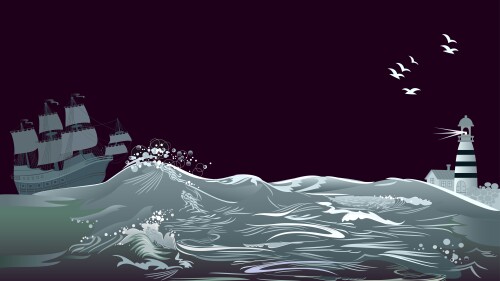 Fantasy background for poster for tourism company. Illustration of stormy sea waves with ancient sailboat Spanish galleon and lighthouse at night. Modern print. Vector cartoon image.