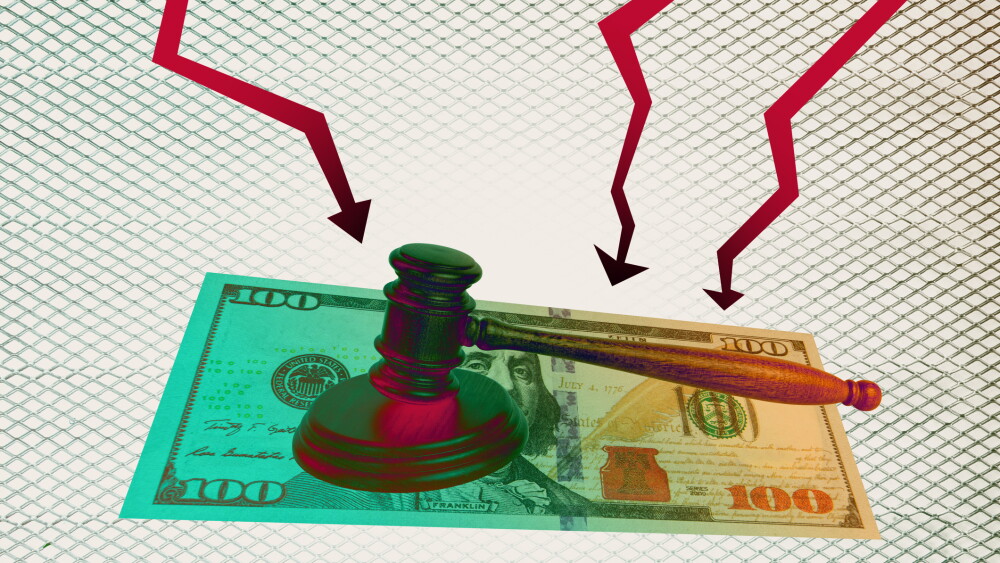 Art sketch 3d image banner collage of hammer courtroom dollar banknote inflation arrow regress verdict jurisprudence collapse.