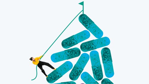 Contemporary art collage. Person climbs a pile of colorful capsules, symbolizing struggle and progress in surreal pharmaceutical world. Flag marks goal at top. stock photo