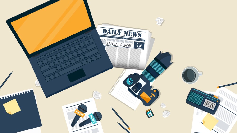 Journalism. Camera and photos. Mass media, television, interview, breaking news, press conference concept. Flat vector