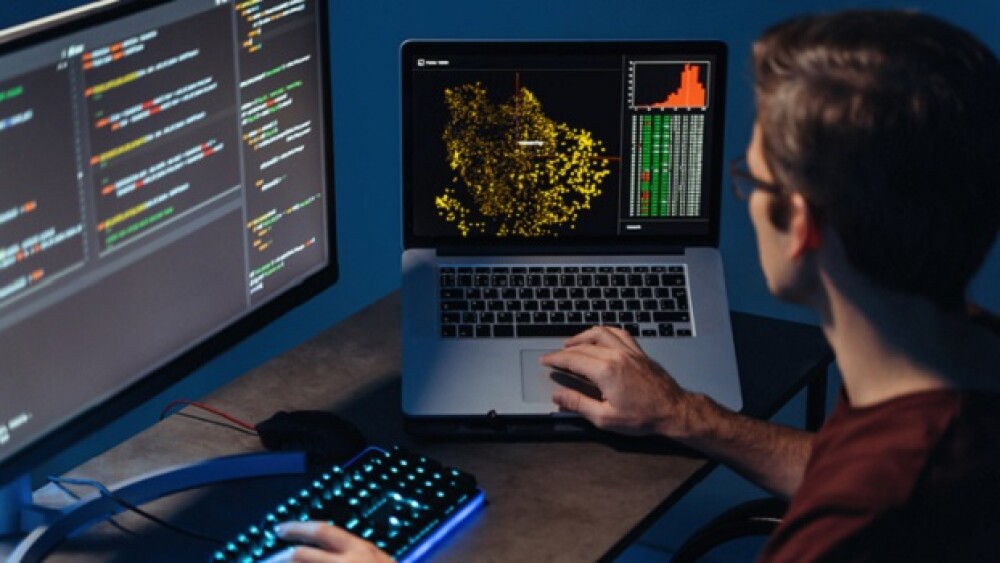 Pictured: Professional working on two computers/Ar