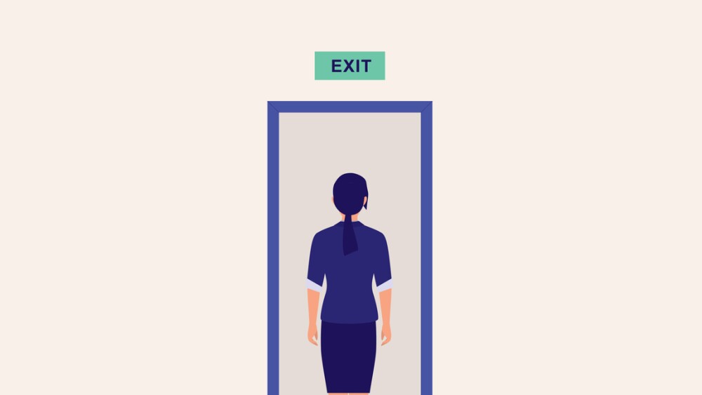 Young Woman Standing In Front Of Exit Door. Full Length, Vector, Illustration, Flat Design, Character.