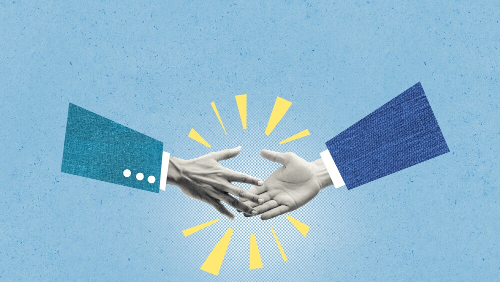 Creative collage illustration of financial business. Two businessmen shaking hands for partners agreement. Conceptual illustration of success deal, corporate ethic, connection.
