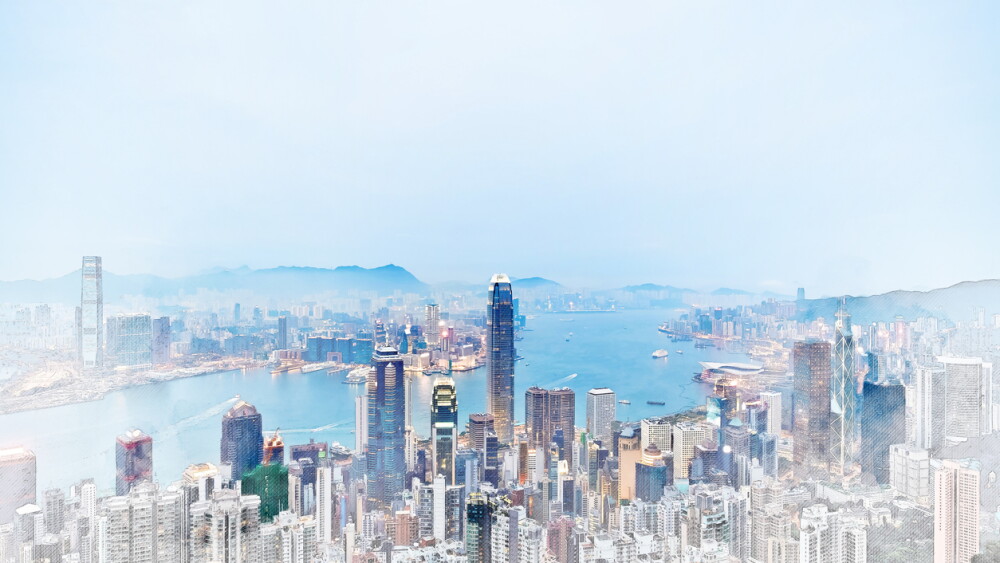 Asia Business concept for real estate - panoramic modern cityscape building bird eye aerial view under sunrise and morning blue bright sky in Hong Kong (HK), China. Mix hand drawn sketch illustration