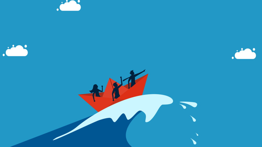 Overcome crises with the patience of a visionary leader. Business team surfing sea waves with paper boats vector