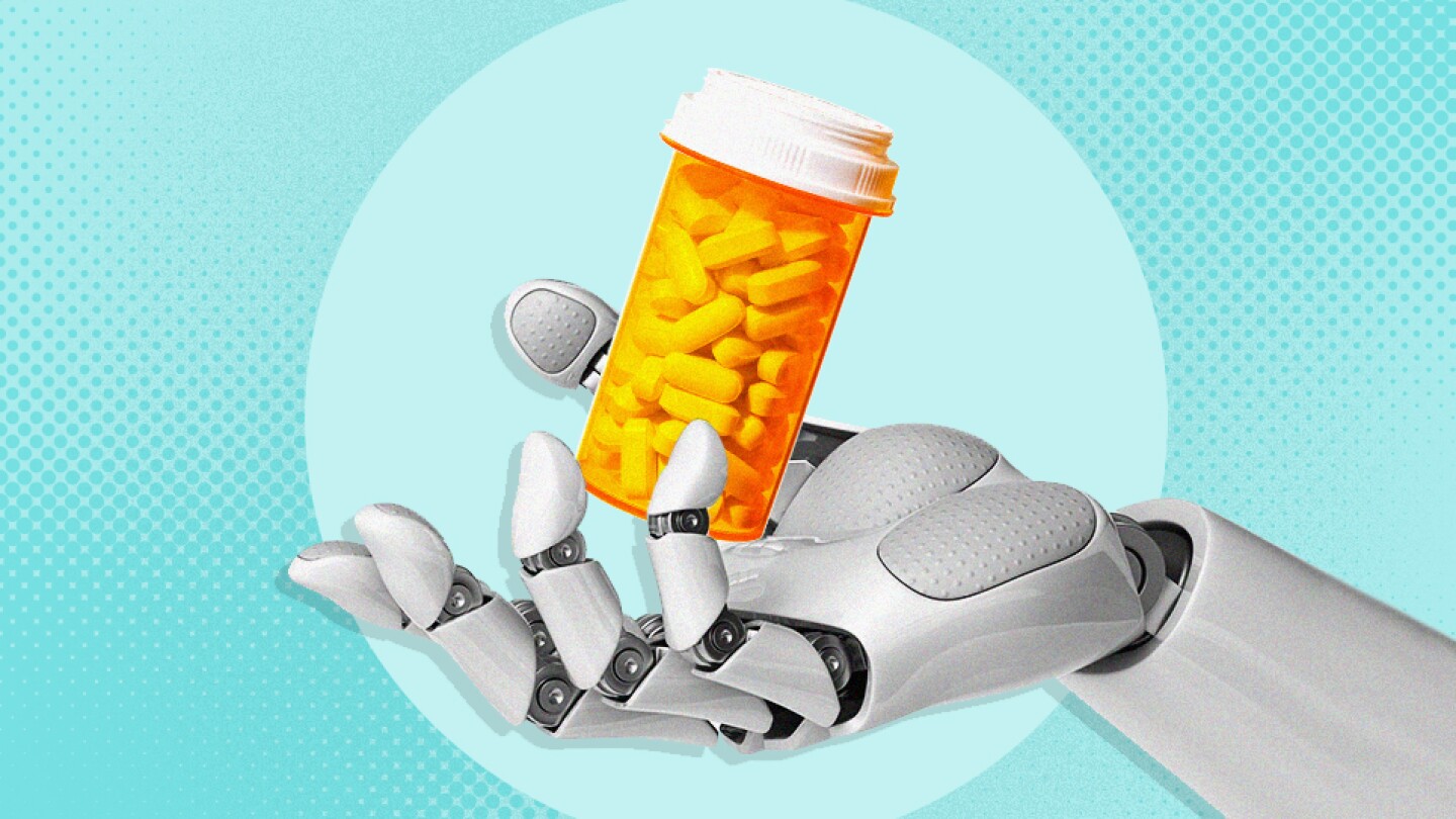 Illustration of robot hand holding pill bottle