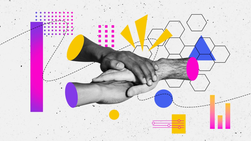 Composite image montage trend artwork 3D collage of gesture finger hand body language symbol partnership together unity team support.