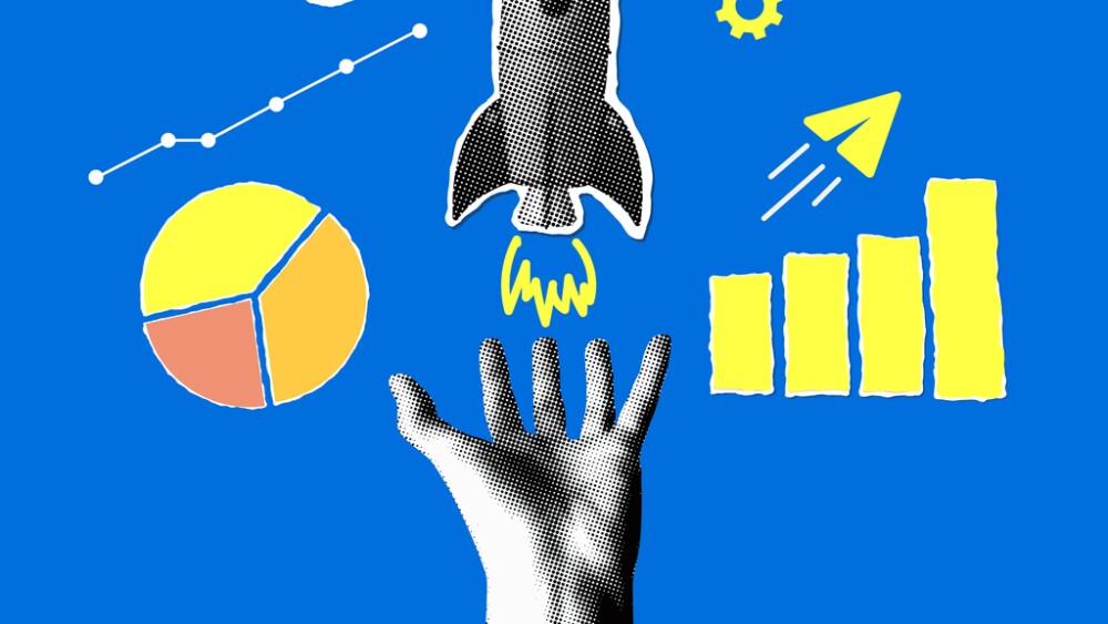 Business and financial success concept. Modern collage with halftone hand holding a launching rocket, sales chart icons. Income growth. Successful startup. Increasing profits illustration
