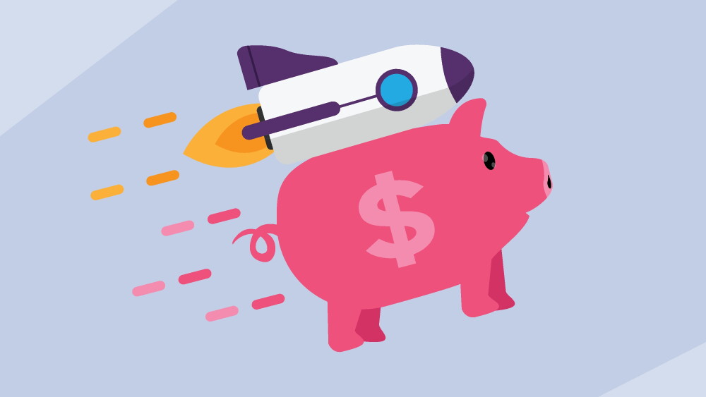 Piggy Bank with Rocket Booster, Concept of Rapid Savings Growth and Accelerated Investment 2d flat vector illustration