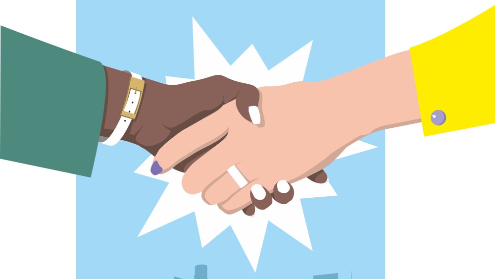Female handshake. Flat design. Two business women in green and yellow clothes against the blue background of the metropolis shake hands