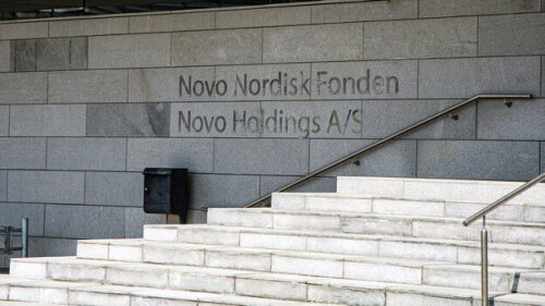 Pictured: Wall sign of the Novo Nordisk Foundation and Novo Holdings in Denmark