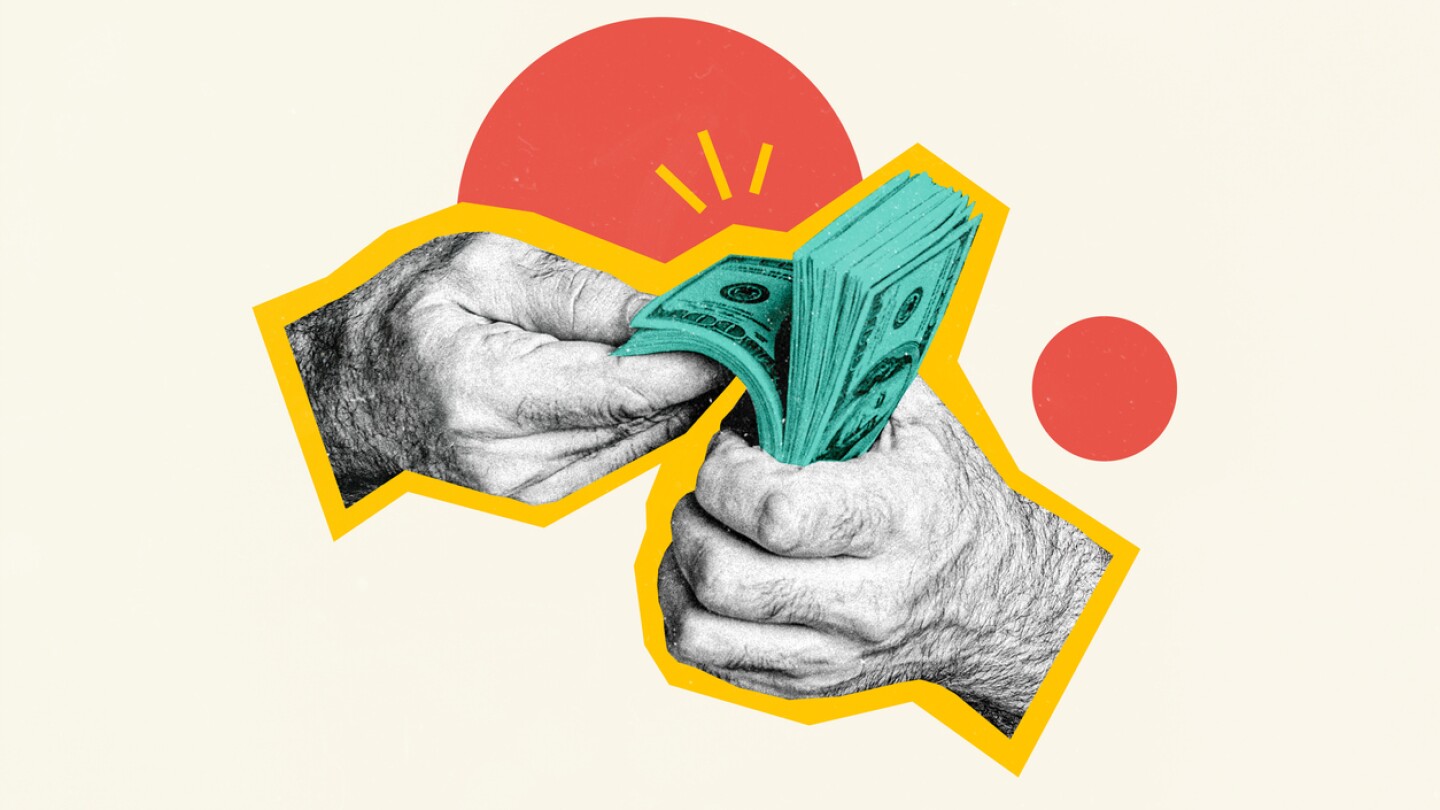 Composite photo collage of massive hairy hands hold wad money count dollars earnings income wealth isolated on painted background.