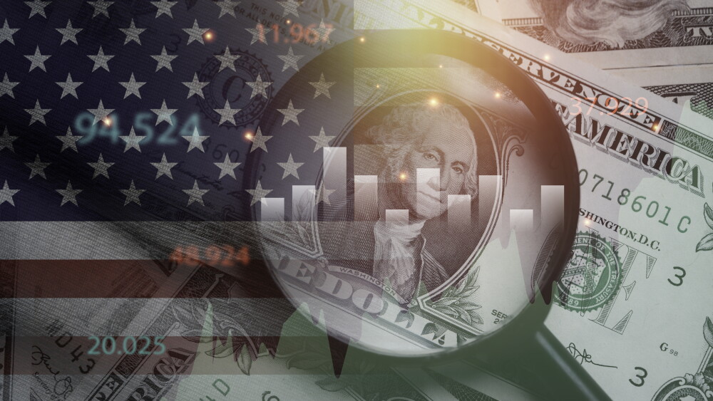 USD dollar banknote with USA flag and stock market graph chart for currency exchange and global trade forex concept.