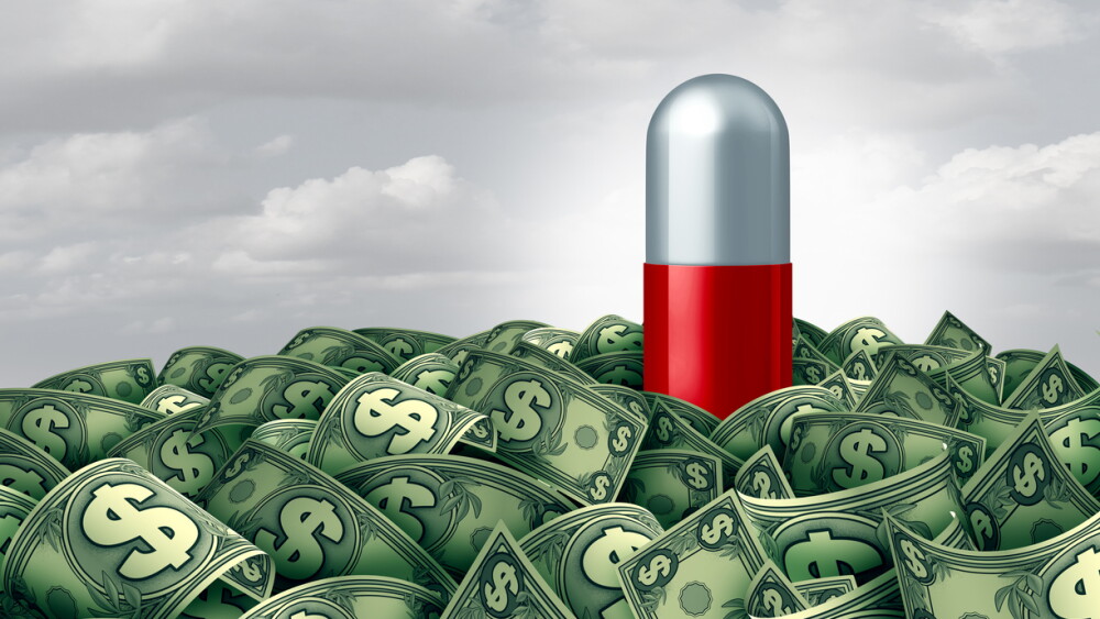 Big Pharma profits and Business for the pharmaceutical industry as piles of money from prescription medication and medicine biochemistry through the development patenting and marketing of expensive drugs.