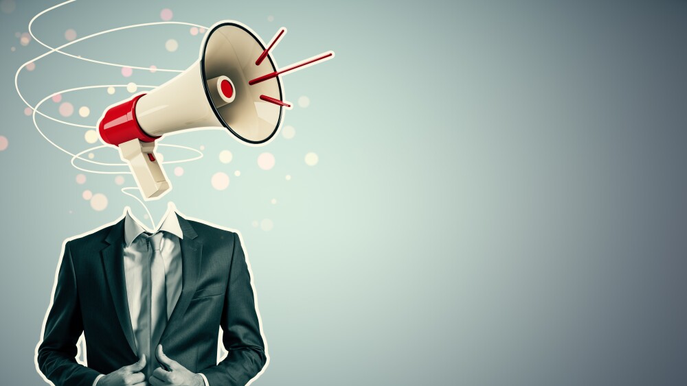 Businessman with megaphone head, creative abstract style, light blue background. Concept of advertising, communication, and promotion
