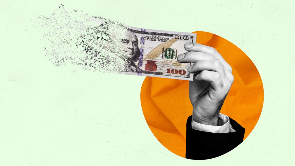 Creative photo poster picture collage collapsing dollar banknote arm holding cash money bankrupt decrease income funds loss.