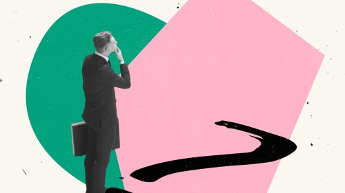 Creative design. Desperate employee, office worker standing near question mark symbolizing business struggles, options. Choosing strategy for achieving goal. Concept of business, career development