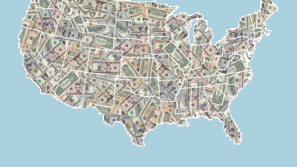 United States of America map formed with american dollars bills isolated on white background