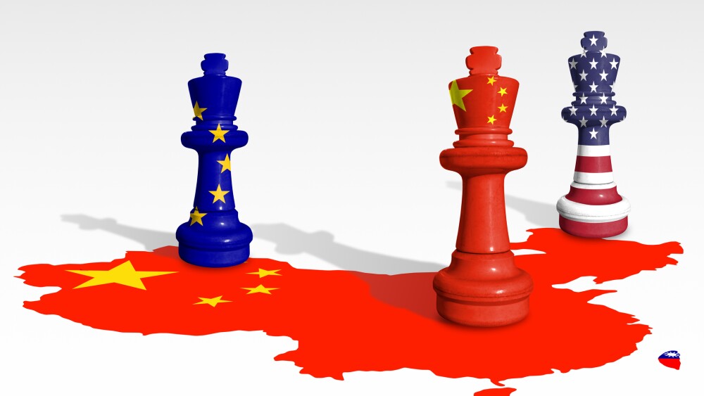 Chess made from China and EU, USA flags. Europe Union, USA and China relations