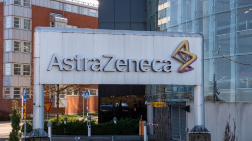 Gothenburg, Sweden – April 17, 2020: AstraZeneca in Gothenburg is one of three strategic global R&D centres in medicine. A big sign with the company logotype just outside the entrance.