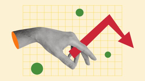 Contemporary art collage of hand holding an arrow showing fall. Modern design. Copy space.