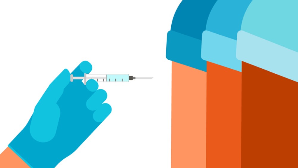 Vaccine and syringe injection. Doctor hand with syringe. Vaccination of people for prevention, immunization and treatment from virus infection. Medicine, flu shot, test with needle. Vector