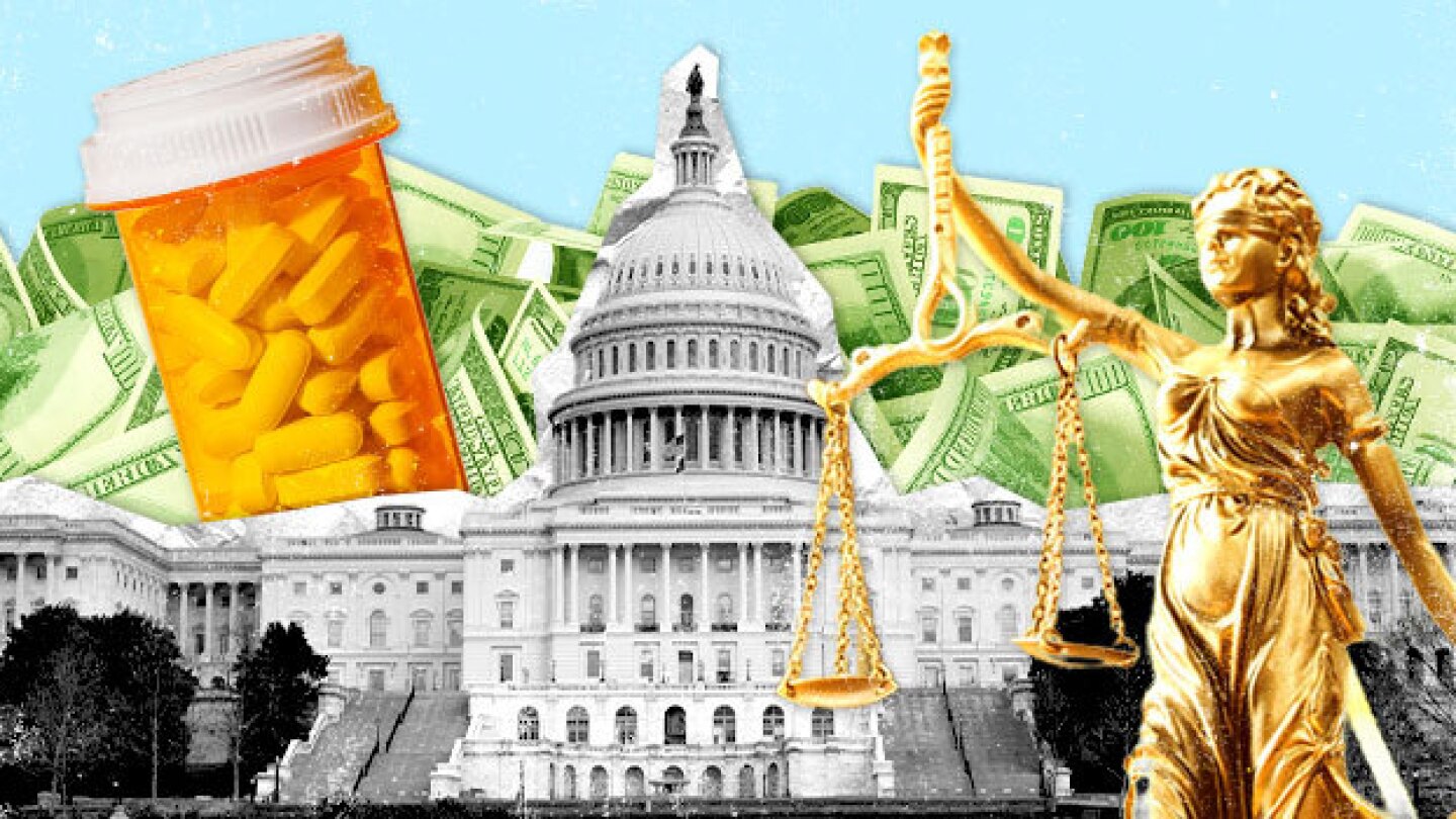 Pictured: Collage of the U.S. Capitol, pills, money and justice statue