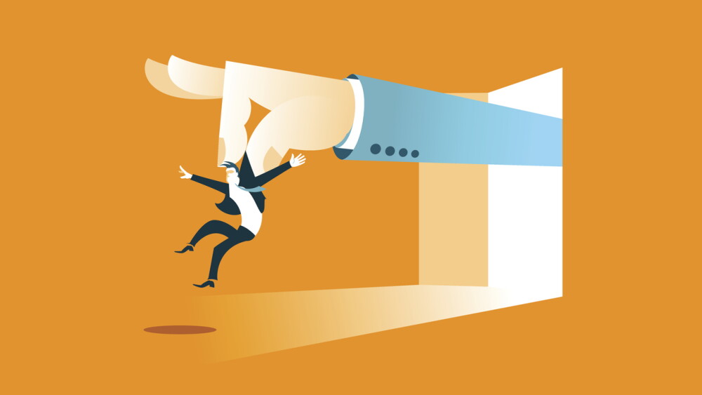 Large hand throws worker. You're fired. Vector illustration