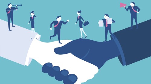 caute cartoon businesspeople stand on hands with blue backgroound
