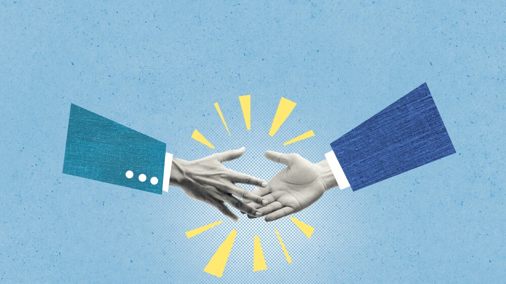 Creative collage illustration of financial business. Two businessmen shaking hands for partners agreement. Conceptual illustration of success deal, corporate ethic, connection.