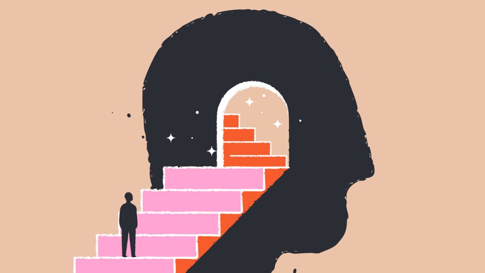 Isolated vector illustration of person ascending a staircase into a head