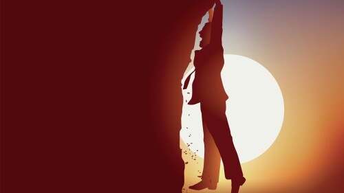 concept of a perilous situation with a man who finds himself suspended above the void while standing at the edge of the cliffs.