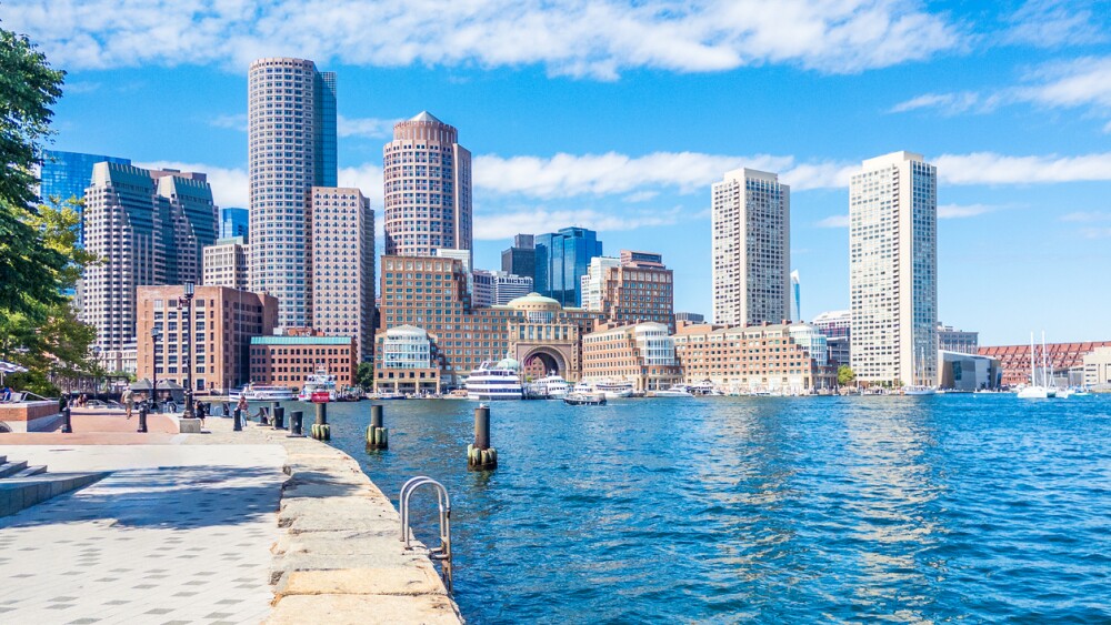 Photo of Boston downtown from Fan Pier Park in Seaport district