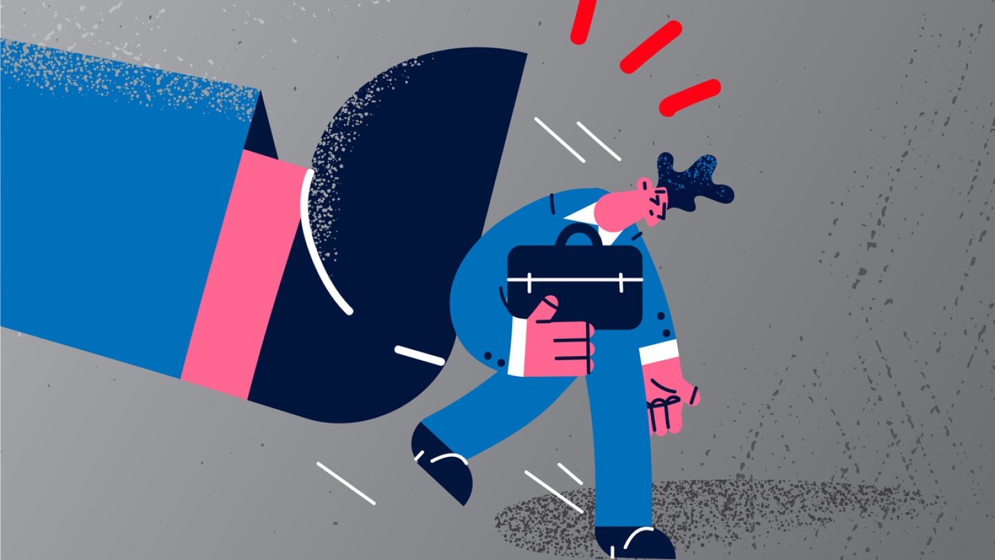 Huge leg kick throw upset businessman out of office. Giant foot fire dismiss unhappy man employee of work. Job dismissal concept. Flat vector illustration, cartoon character.