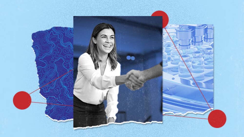 Photo of woman shaking hands with someone over biotech collage background