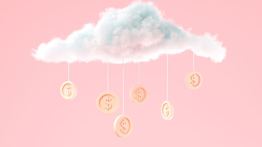 3D illustration Cloud with coins hanging for business and money saving concept, Minimal creative scene 3d render.