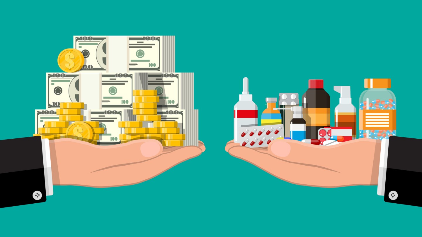 Hand scales with pile of money and bottles of drugs and pills. Health insurance and healthcare. Buying and selling drugs. Pharmacy shop. Vector illustration in flat style